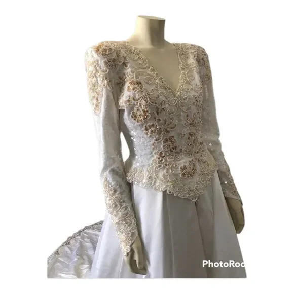 Vintage wedding sequenced dress with detachable skirt & train Ivory gold medium - Picture 10 of 17